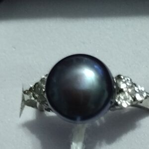 Tahitian Cultured Dark Pearl W/White Sapphires Sterling Silver Sz 7 New No Tags